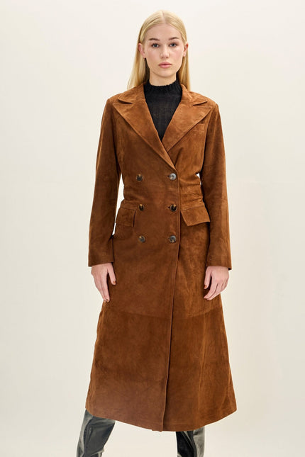 Women's Lambskin Suede Double-Breasted Trench Coat - Brown | Ron Tomson