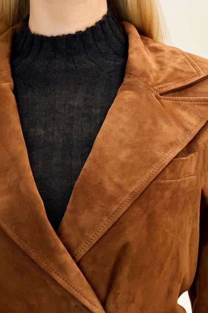 Women's Lambskin Suede Double-Breasted Trench Coat - Brown | Ron Tomson