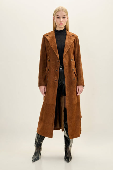 Women's Lambskin Suede Double-Breasted Trench Coat - Brown | Ron Tomson
