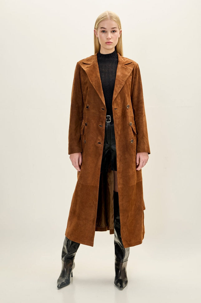 Women's Lambskin Suede Double-Breasted Trench Coat - Brown | Ron Tomson