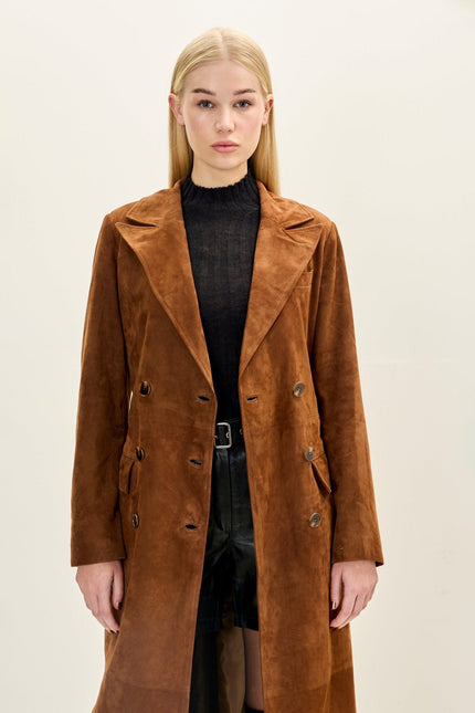 Women's Lambskin Suede Double-Breasted Trench Coat - Brown | Ron Tomson