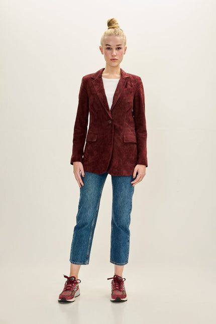Women's Lambskin Suede Single-Breasted Blazer - Burgundy | Ron Tomson