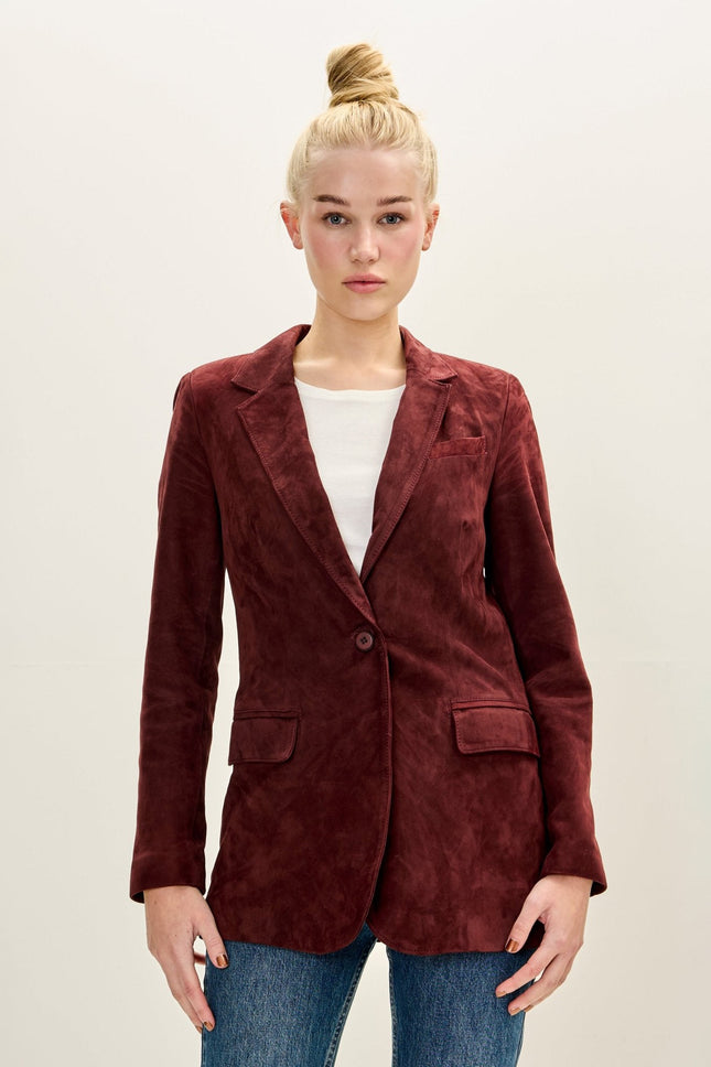 Women's Lambskin Suede Single-Breasted Blazer - Burgundy | Ron Tomson