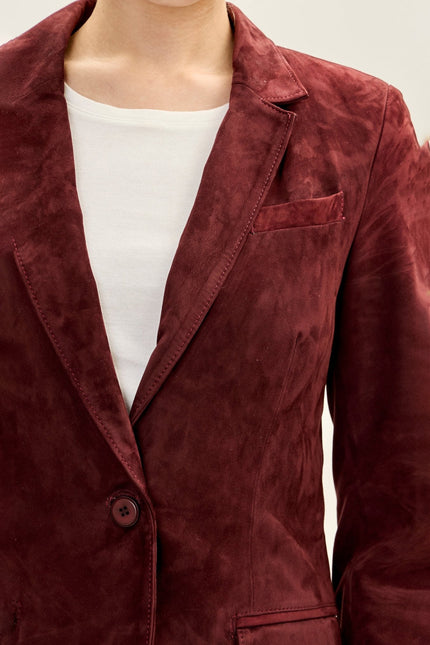 Women's Lambskin Suede Single-Breasted Blazer - Burgundy | Ron Tomson