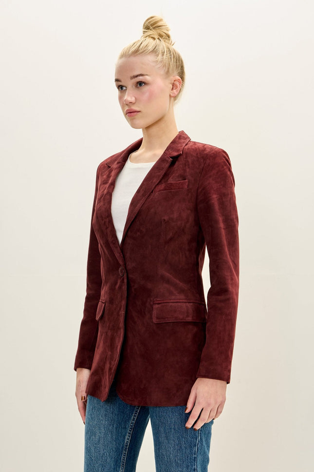 Women's Lambskin Suede Single-Breasted Blazer - Burgundy | Ron Tomson