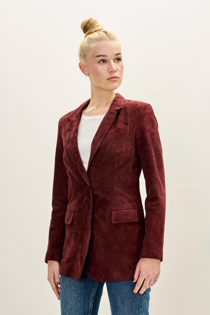 Women's Lambskin Suede Single-Breasted Blazer - Burgundy | Ron Tomson