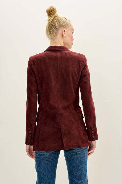 Women's Lambskin Suede Single-Breasted Blazer - Burgundy | Ron Tomson