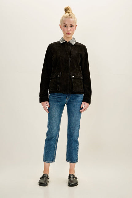 Women's Suede Contrast Collar Chore Coat - Black | Ron Tomson