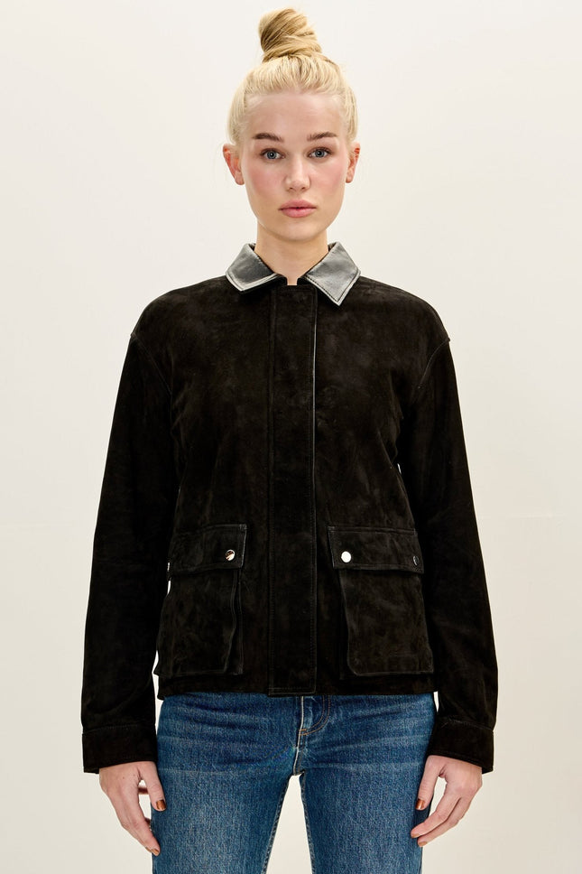 Women's Suede Contrast Collar Chore Coat - Black | Ron Tomson