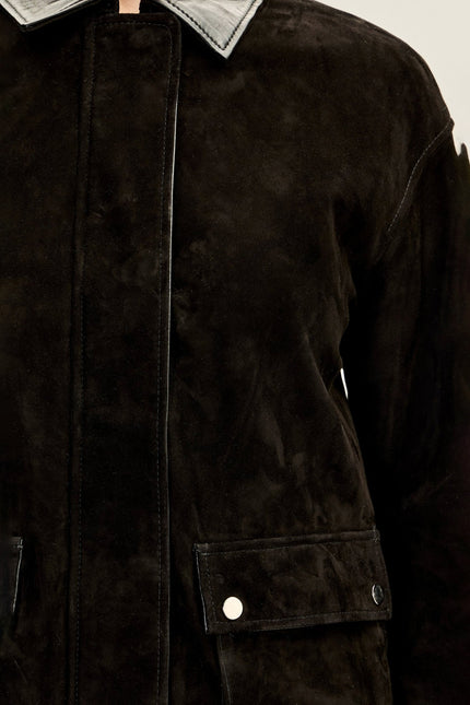 Women's Suede Contrast Collar Chore Coat - Black | Ron Tomson