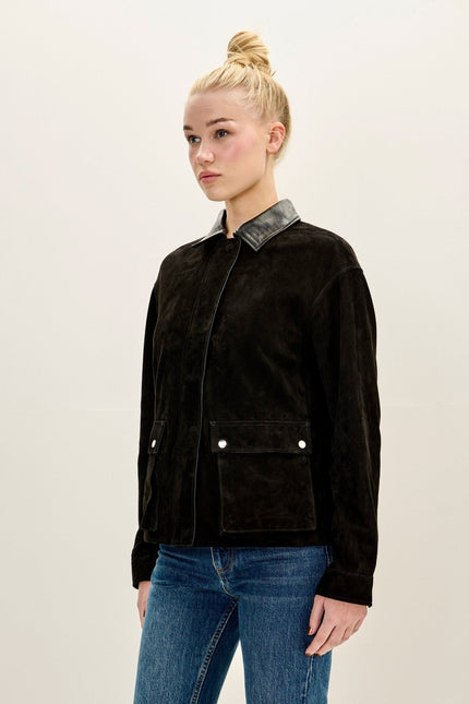 Women's Suede Contrast Collar Chore Coat - Black | Ron Tomson