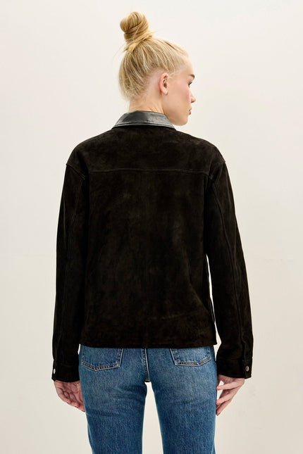 Women's Suede Contrast Collar Chore Coat - Black | Ron Tomson