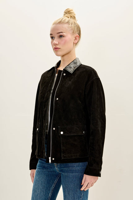 Women's Suede Contrast Collar Chore Coat - Black | Ron Tomson