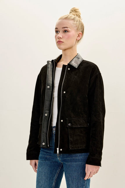 Women's Suede Contrast Collar Chore Coat - Black | Ron Tomson