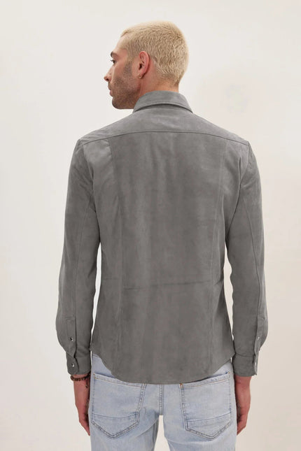 Men's Lambskin Suede Shirt - Grey | Ron Tomson