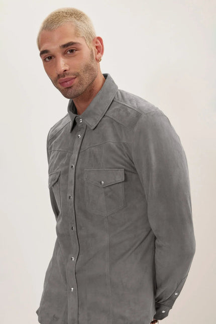 Men's Lambskin Suede Shirt - Grey | Ron Tomson