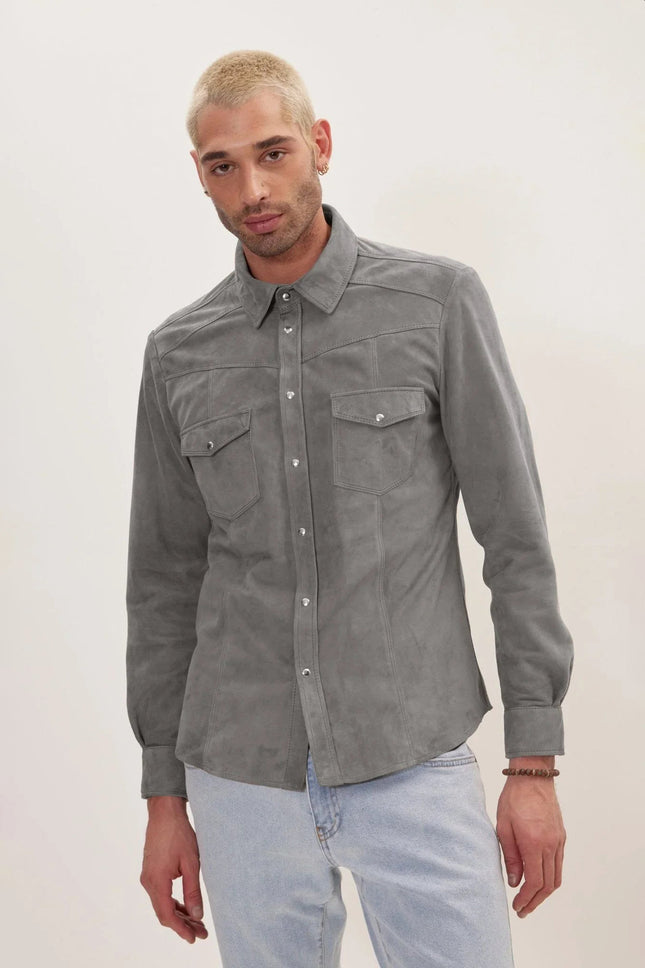 Men's Lambskin Suede Shirt - Grey | Ron Tomson