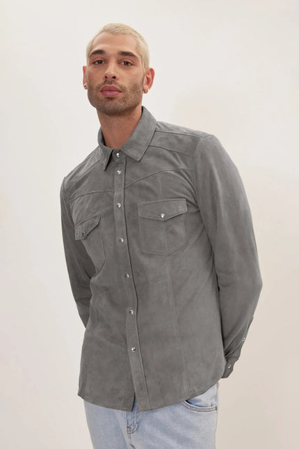 Men's Lambskin Suede Shirt - Grey | Ron Tomson