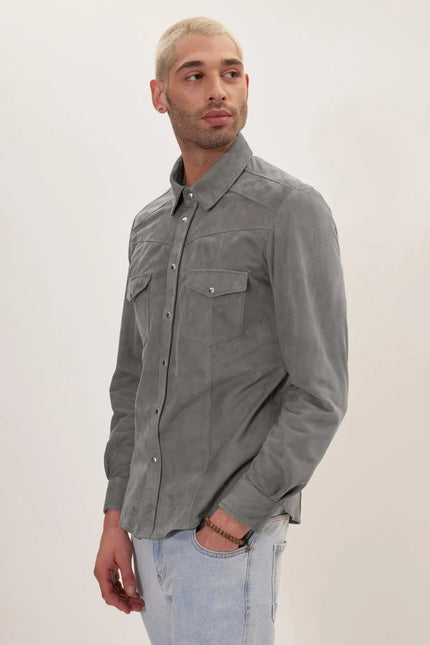 Men's Lambskin Suede Shirt - Grey | Ron Tomson