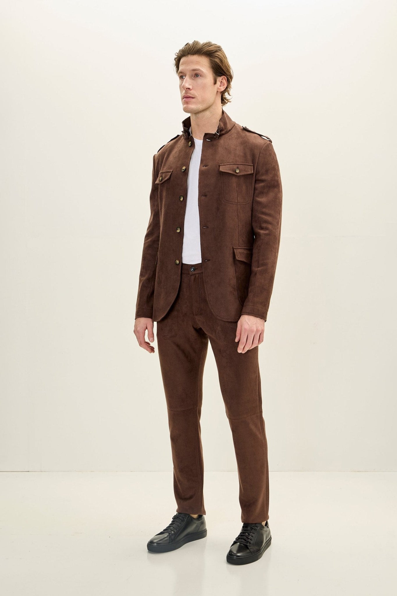 brown dress pants outfit men Men's Microsuede Lightweight Tapered Pants - Dark Brown