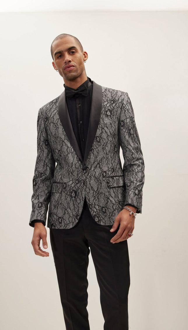 Metallic Floral Lapel Tuxedo Jacket - Black