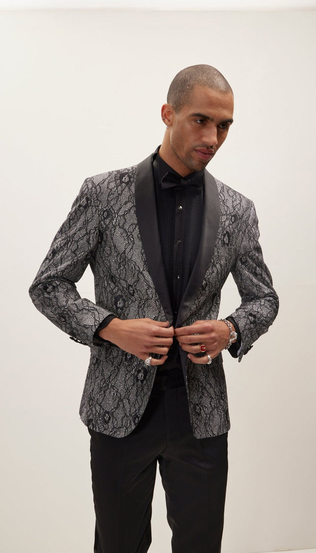 Metallic Floral Lapel Tuxedo Jacket - Black