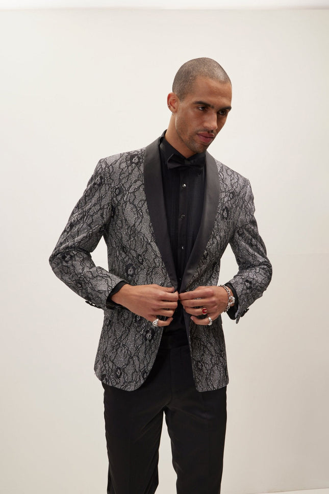 Men's Metallic Floral Lapel Tuxedo Jacket - Black | Ron Tomson