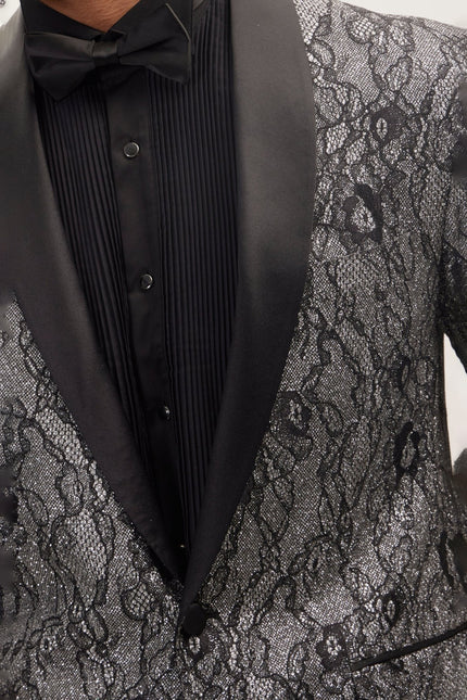 Men's Metallic Floral Lapel Tuxedo Jacket - Black | Ron Tomson