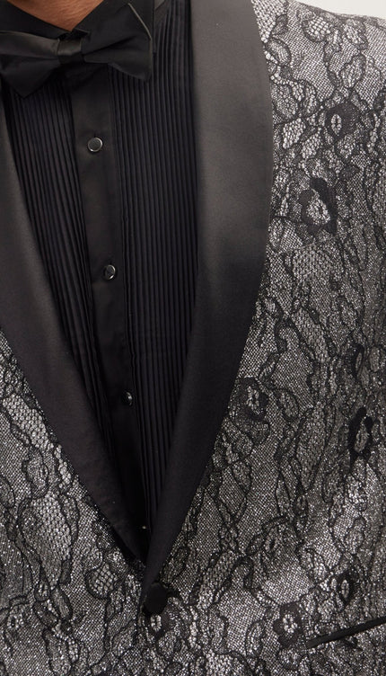 Metallic Floral Lapel Tuxedo Jacket - Black