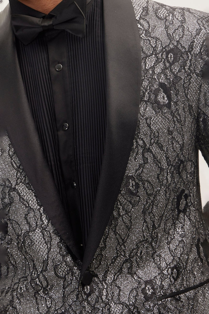 Men's Metallic Floral Lapel Tuxedo Jacket - Black | Ron Tomson