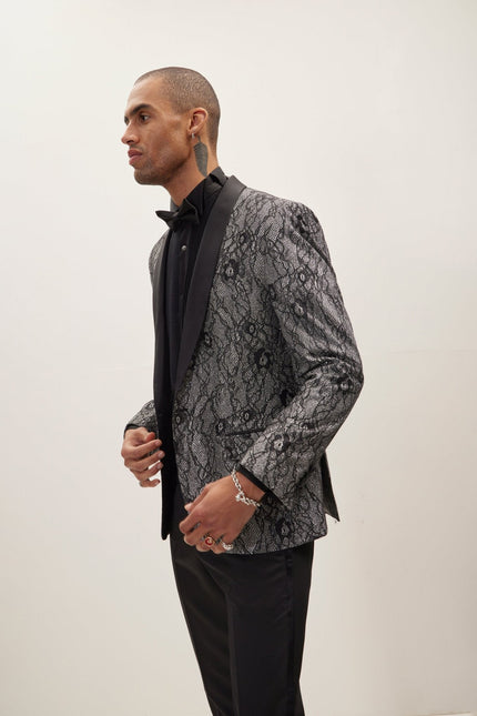 Men's Metallic Floral Lapel Tuxedo Jacket - Black | Ron Tomson