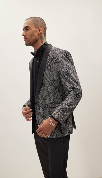 Metallic Floral Lapel Tuxedo Jacket - Black