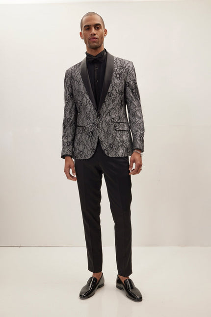 Men's Metallic Floral Lapel Tuxedo Jacket - Black | Ron Tomson