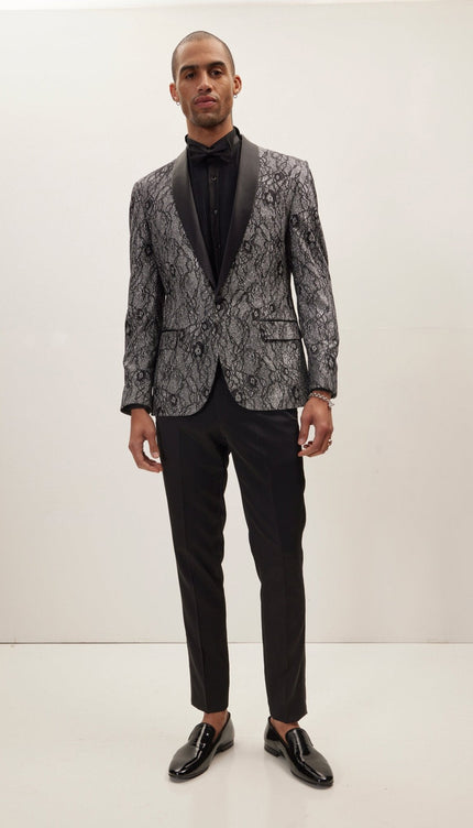 Metallic Floral Lapel Tuxedo Jacket - Black