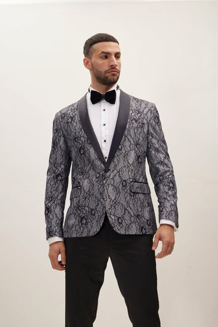 Men's Metallic Lace Shawl Tuxedo Jacket - Navy | Ron Tomson