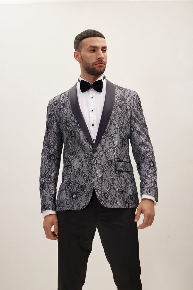 Men's Metallic Lace Shawl Tuxedo Jacket - Navy | Ron Tomson