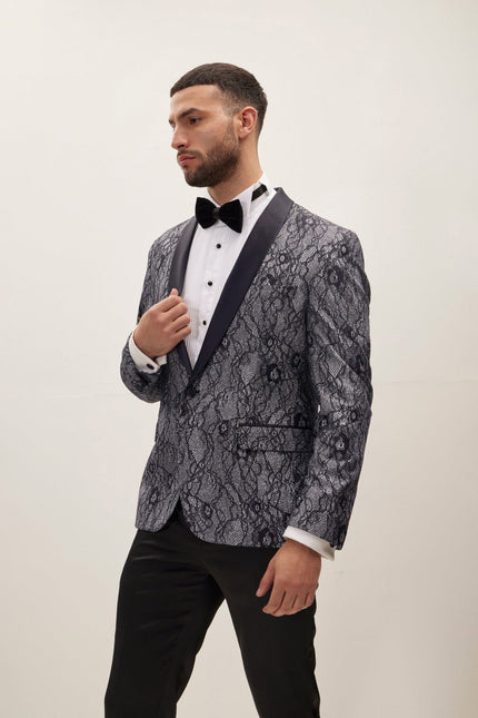 Men's Metallic Lace Shawl Tuxedo Jacket - Navy | Ron Tomson