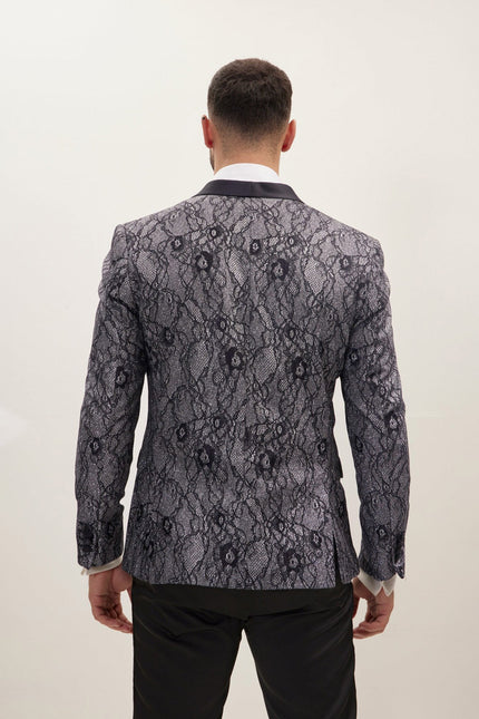 Men's Metallic Lace Shawl Tuxedo Jacket - Navy | Ron Tomson