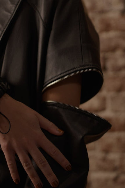 Women's Lambskin Leather Jacket with Removable Sleeves - Black | Ron Tomson
