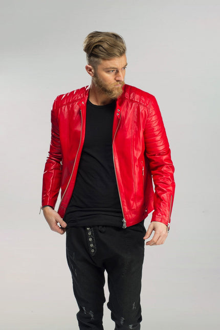 Men's Piping Detail Leather Roadster Jacket - Red | Ron Tomson