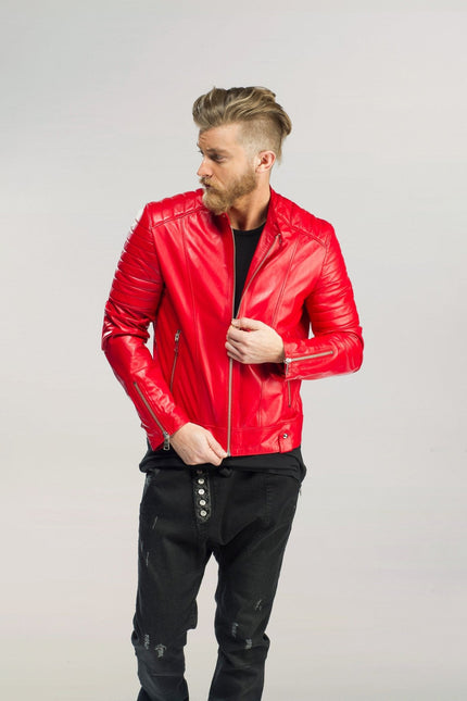Men's Piping Detail Leather Roadster Jacket - Red | Ron Tomson