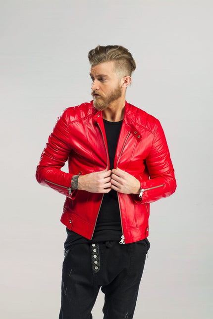 Men's Piping Detail Leather Roadster Jacket - Red | Ron Tomson