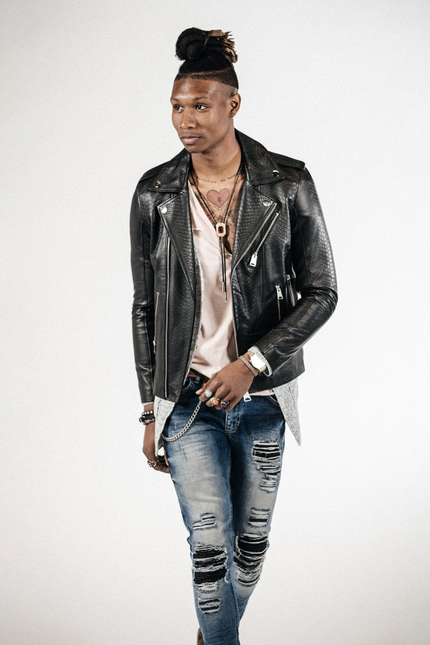 Men's Croc Embossed Zippered Moto Jacket - Black | Ron Tomson