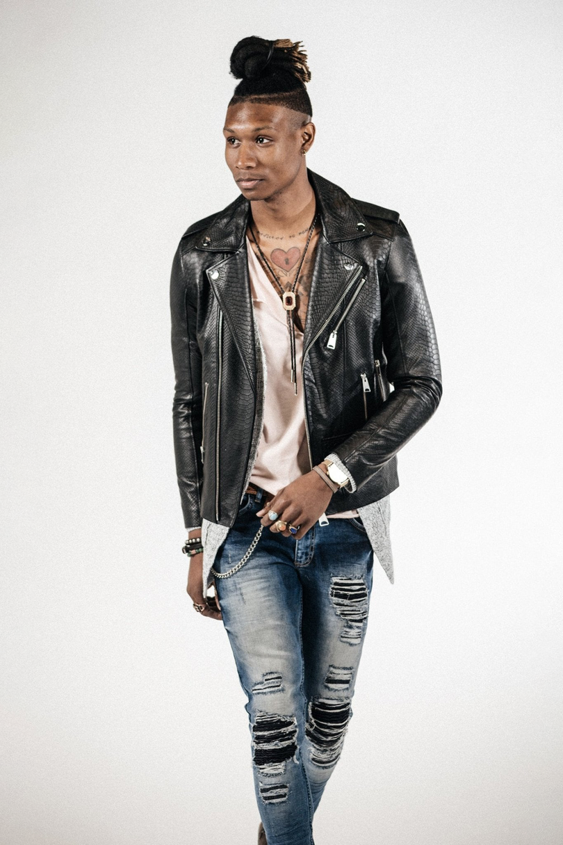 Men's Croc Embossed Zippered Moto Jacket - Black | Ron Tomson
