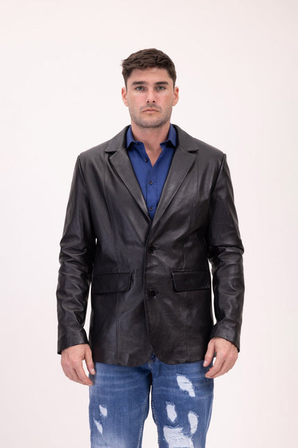 Men's Single-Breasted Lambskin Leather Blazer - Black | Ron Tomson