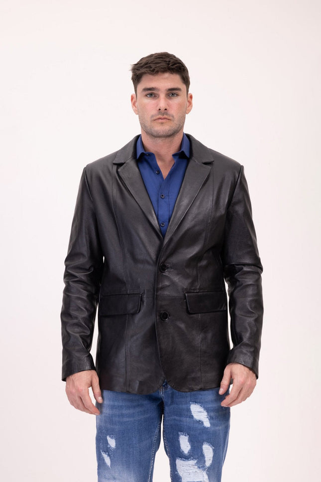 Men's Single-Breasted Lambskin Leather Blazer - Black | Ron Tomson