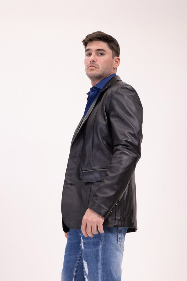 Men's Single-Breasted Lambskin Leather Blazer - Black | Ron Tomson
