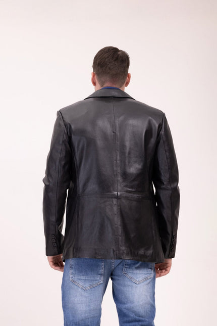 Men's Single-Breasted Lambskin Leather Blazer - Black | Ron Tomson