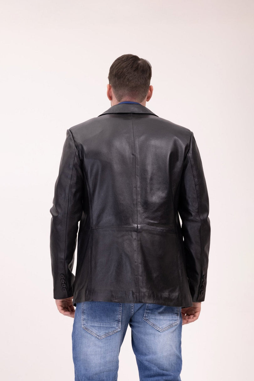 Men's Single-Breasted Lambskin Leather Blazer - Black | Ron Tomson