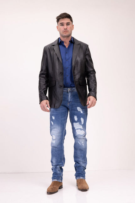 Men's Single-Breasted Lambskin Leather Blazer - Black | Ron Tomson